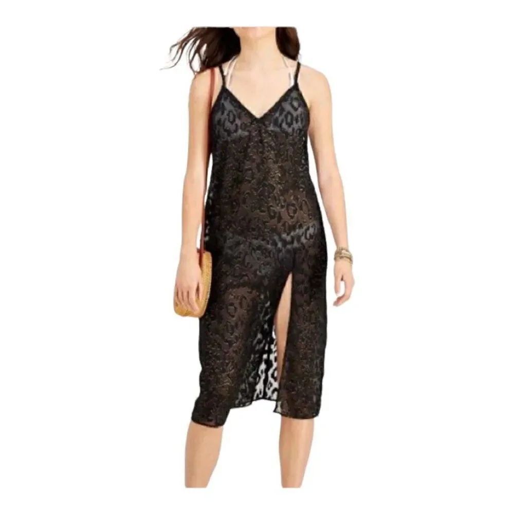 Miken Juniors' Lurex Animal-Print Midi Cover-Up Dress Black Extra Small NWOT